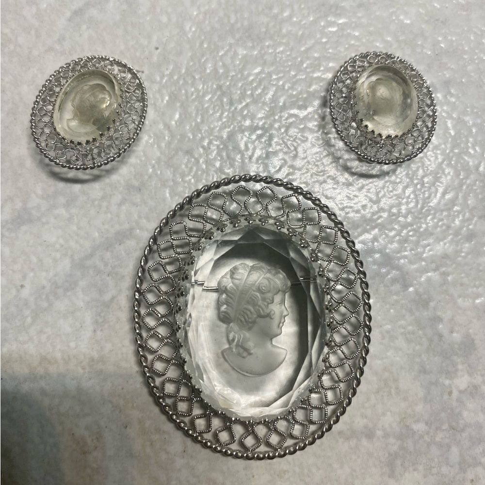 Vintage Whiting & Davis Cameo Brooch & Earrings